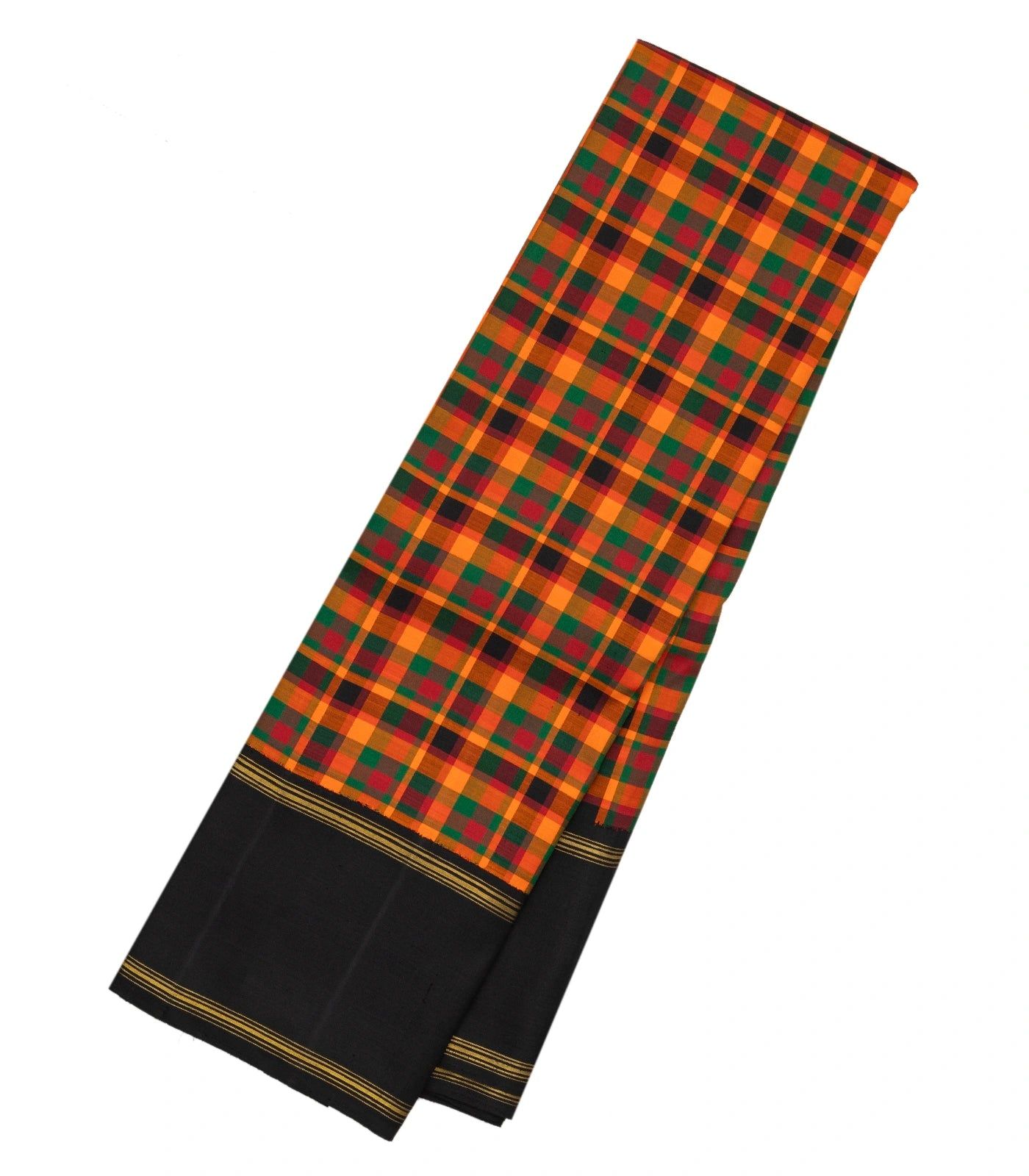 Orange & Green Handloom Korvai Kanchipuram Silk Saree With Checks-KA11963-Multi Colour