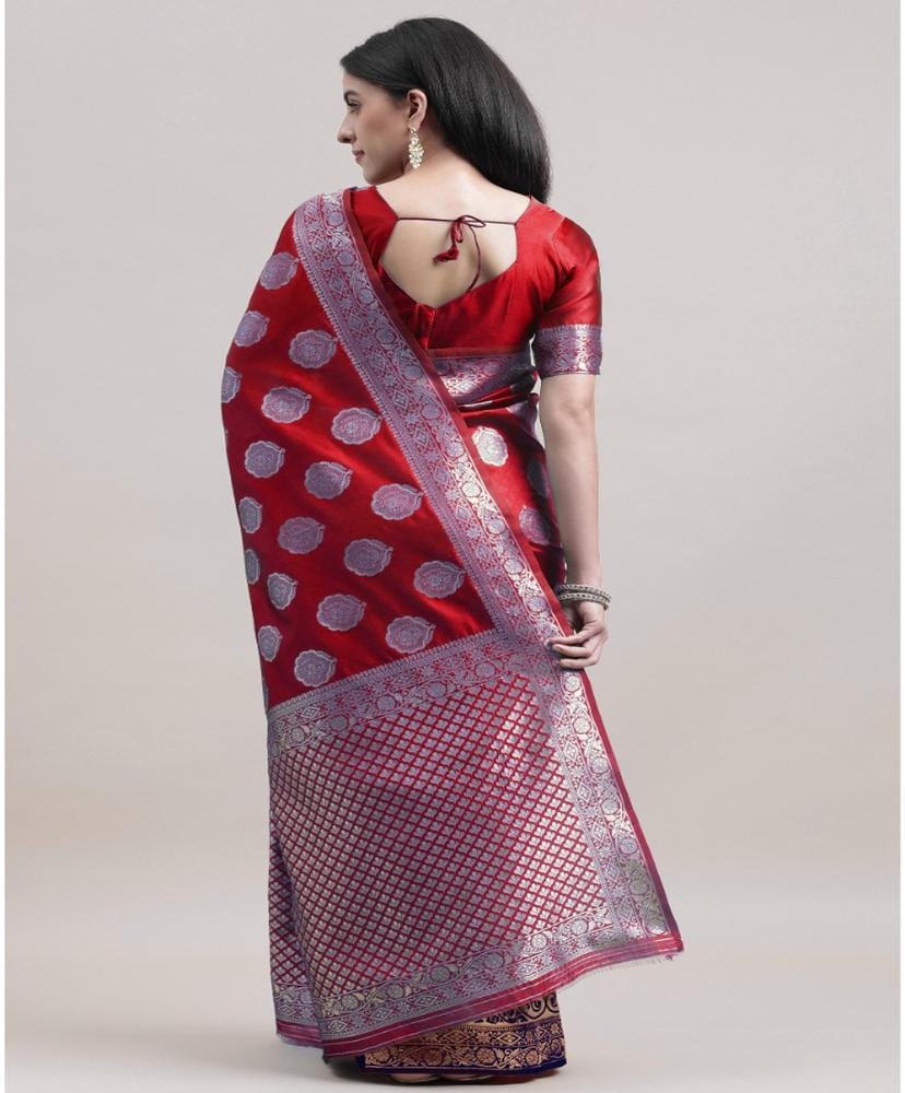 Women's Kanjivaram Silk Designer Weaving Saree with Unstitched Blouse (Red &amp Blue, 5.50 Mtrs)