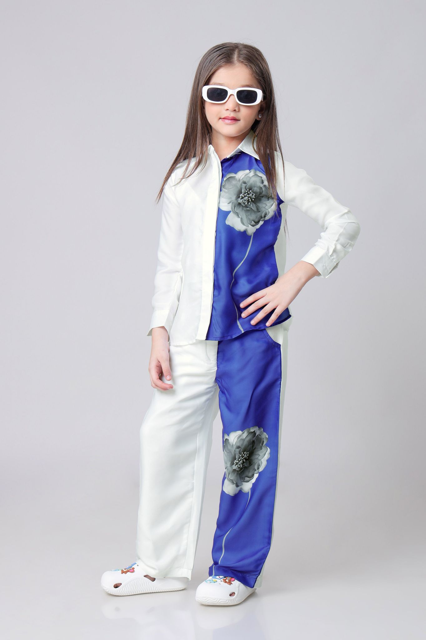 Placement Royal Floral Shirt And Pant Co-Ord Set For Girls-1 Year / Royal Blue / KSH09-FAB490035/ DPLZ0040-1.5 MTR-NIL-NIL-NIL-NIL-THW001/THB007-FAS001-NIL-BT0046-7-NIL-NIL||KBT042-FAB490035/DPLZ