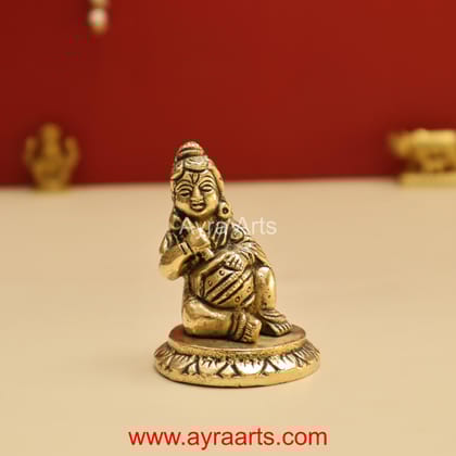 Brass Makhan Chor Matka Small Lord Bala Gopal Krishna Idol - 2.8 Inch Height