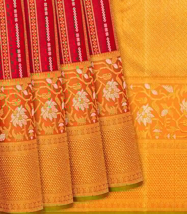 Red Handloom Kanchipuram Silk Saree With Zari Stripes-Red-Red