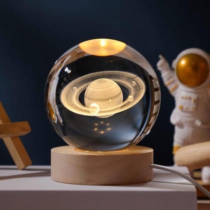 Artistic Gifts 3D Saturn Crystal Ball Night Light | Dimmable Engraved LED Glass Ball Table Lamp with USB and Wooden Base for Home Decor, Office, Birthday Gift, Housewarming & Kids Bedroom.