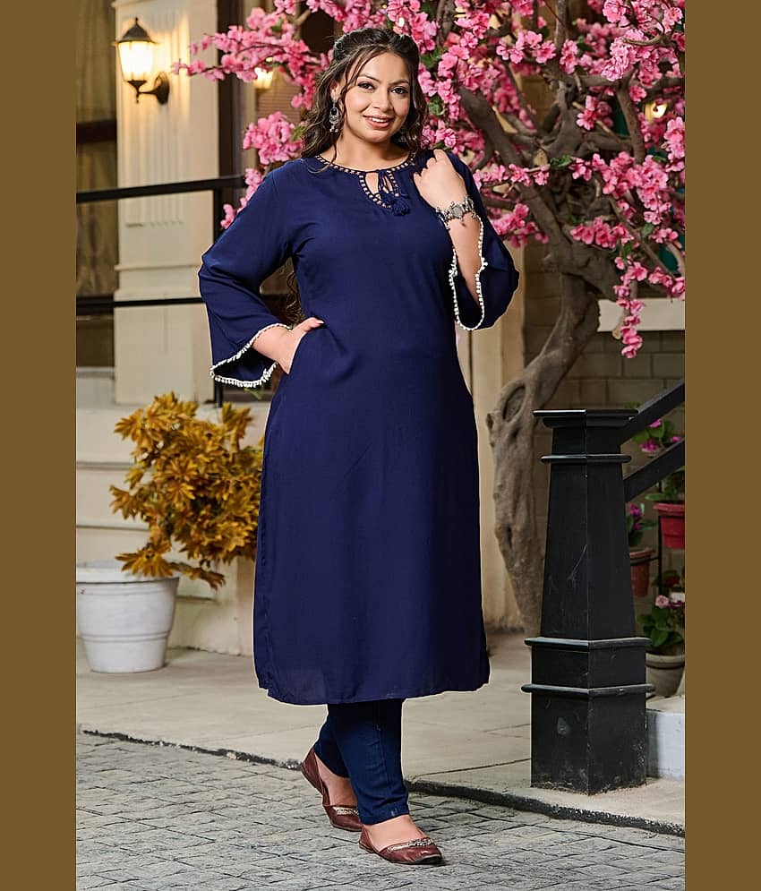 PrettyPlus by Desinoor.com Rayon Embroidered Straight Women's Kurti - Navy ( Pack of 1 )