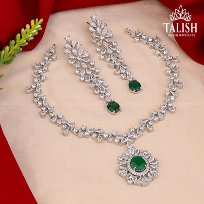 Elegant Silver-Plated Necklace Set with American Diamond Stones and Green Gem Accents