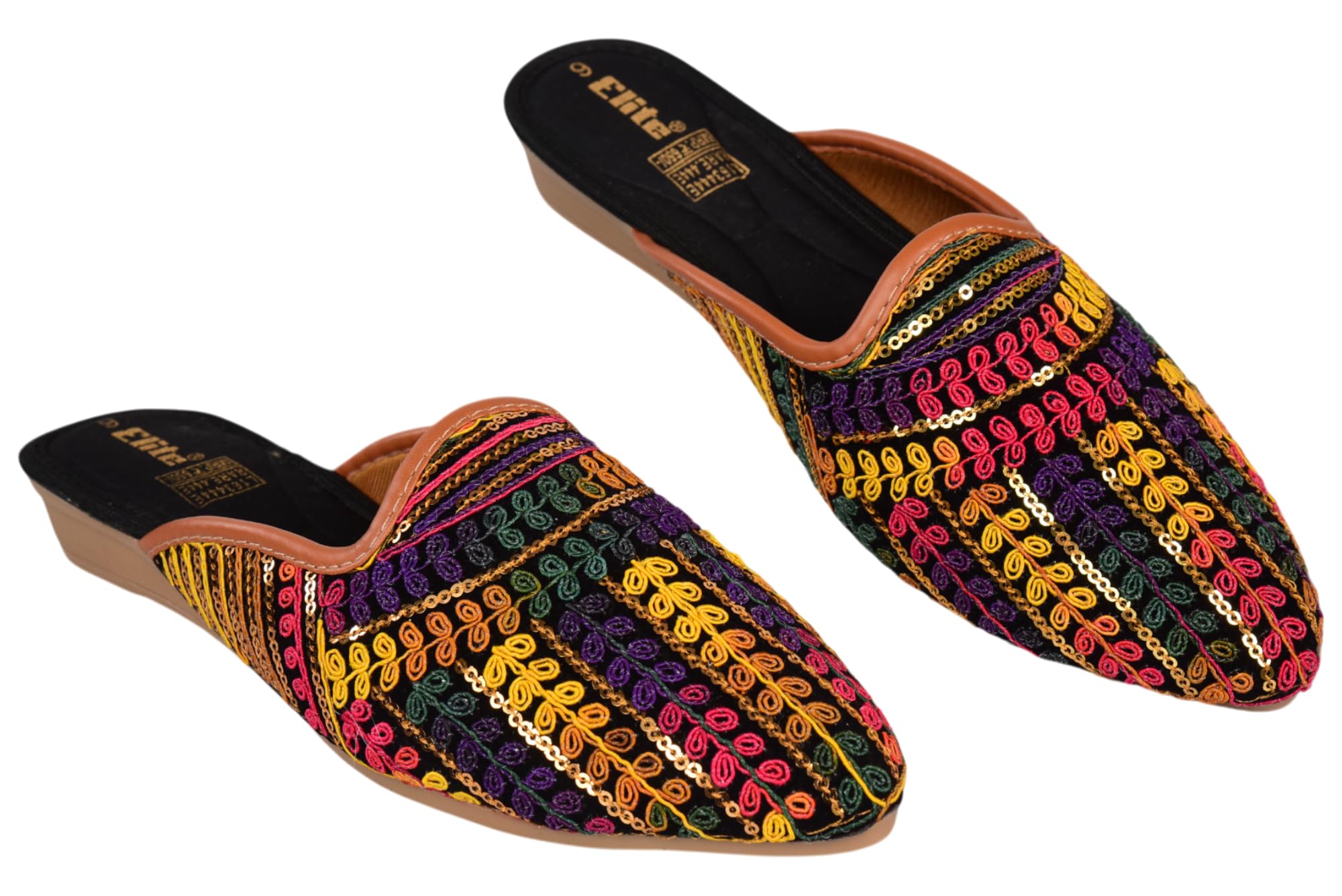 ELITE Women's Embroidered Sequin Mules | Slip-On Flat Sandals - Multicolor
