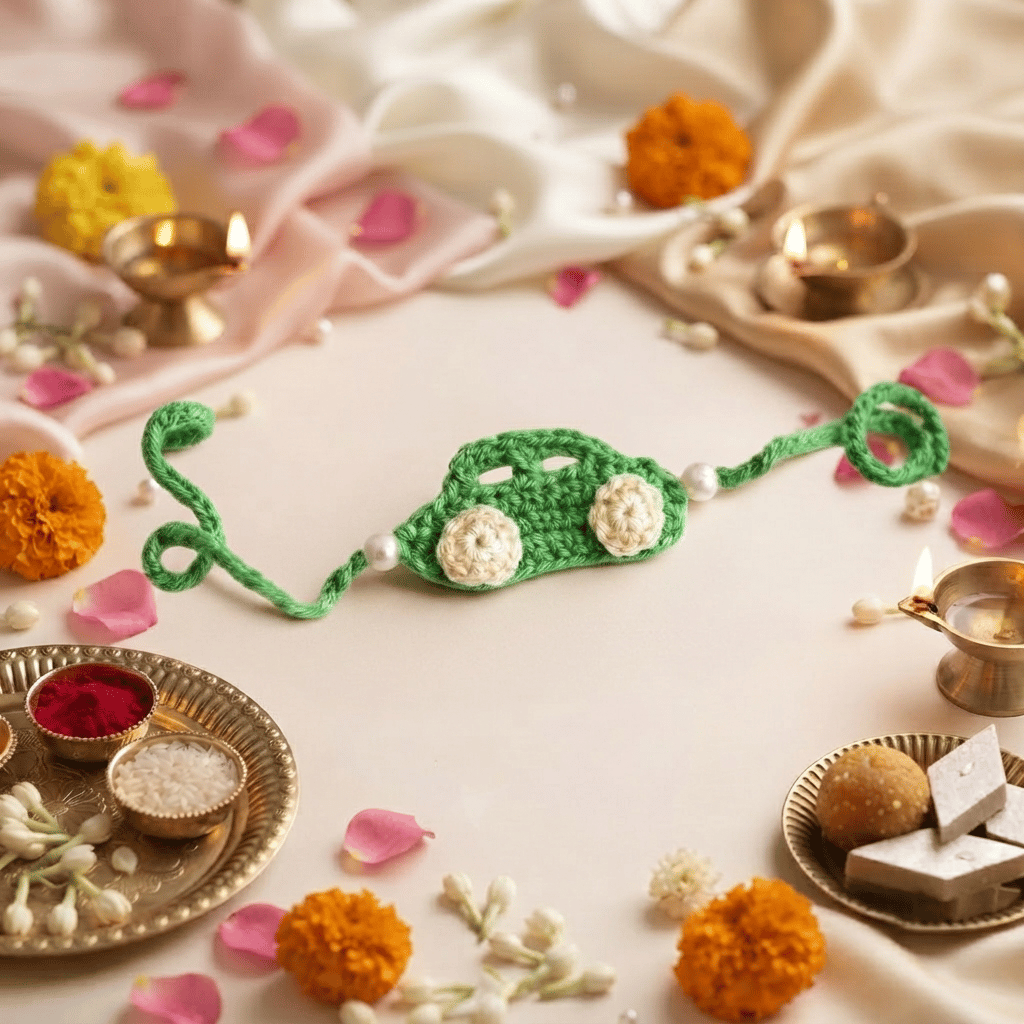 Sakha Handcrafted Green Crochet Car Rakhi Pack of 1