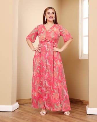 Pink Motif Printed Maxi Dress-L / Pink