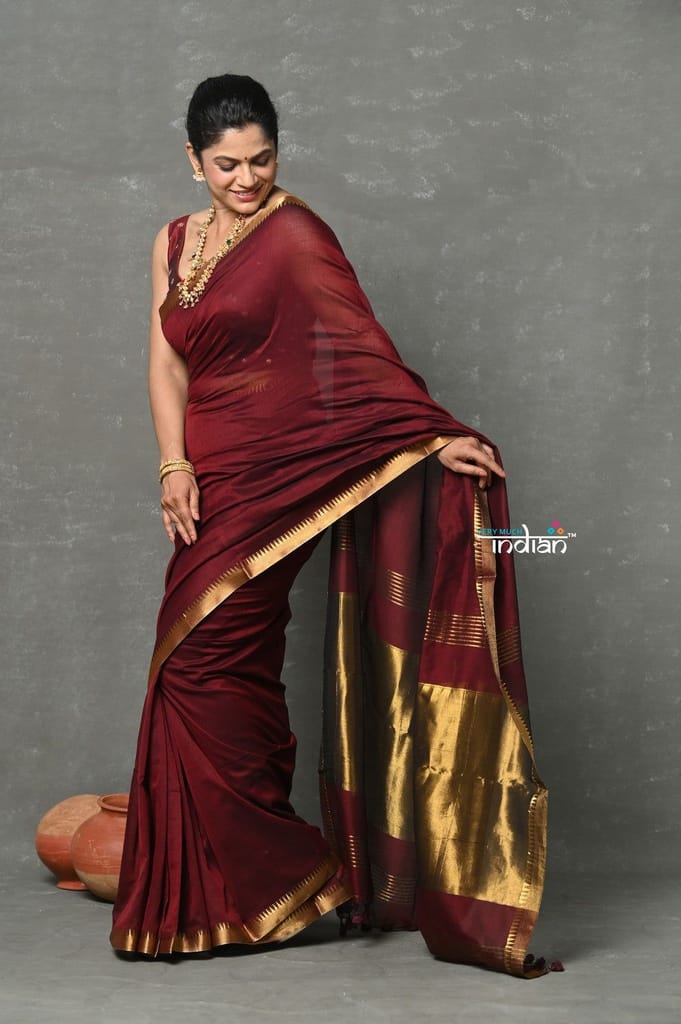 Tyohaar ~ Designer! High Quality Pure Mul Cotton Handloom Saree - Dark Maroon - Sarees | Buy online on ZillyBuy