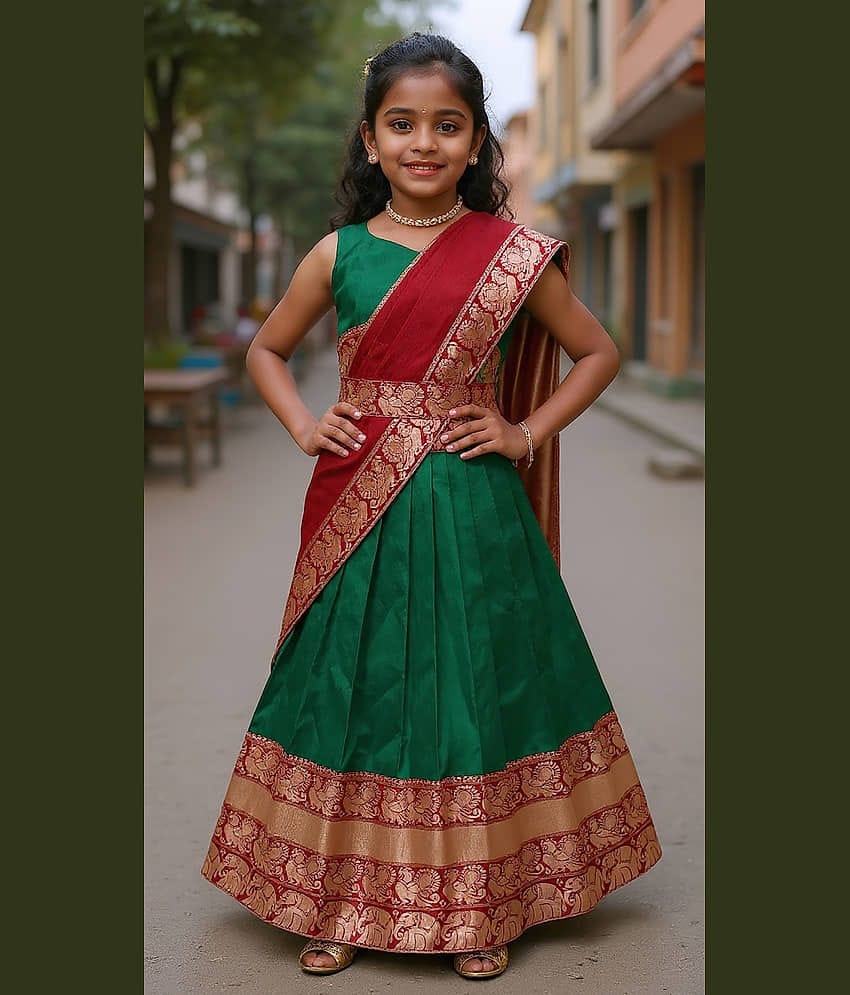 kedar fab Jacquard Lehenga Choli Set For Girls ( Pack of 1 , Green )