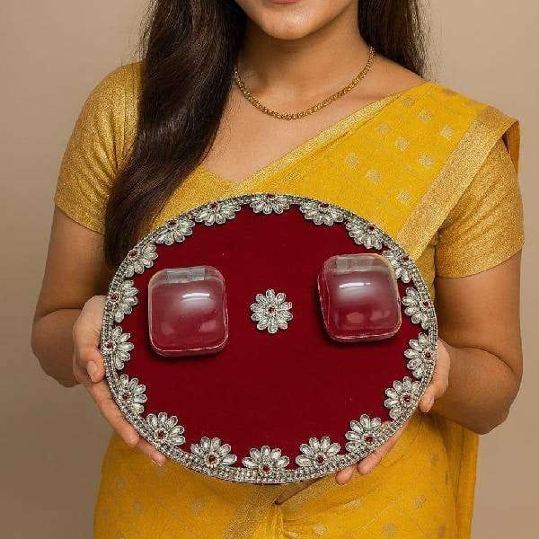 EngagementShadiNikahSagaiCeremonyDecorativethaliRingHolderShagunPlateWoodDecorativePlatterRed