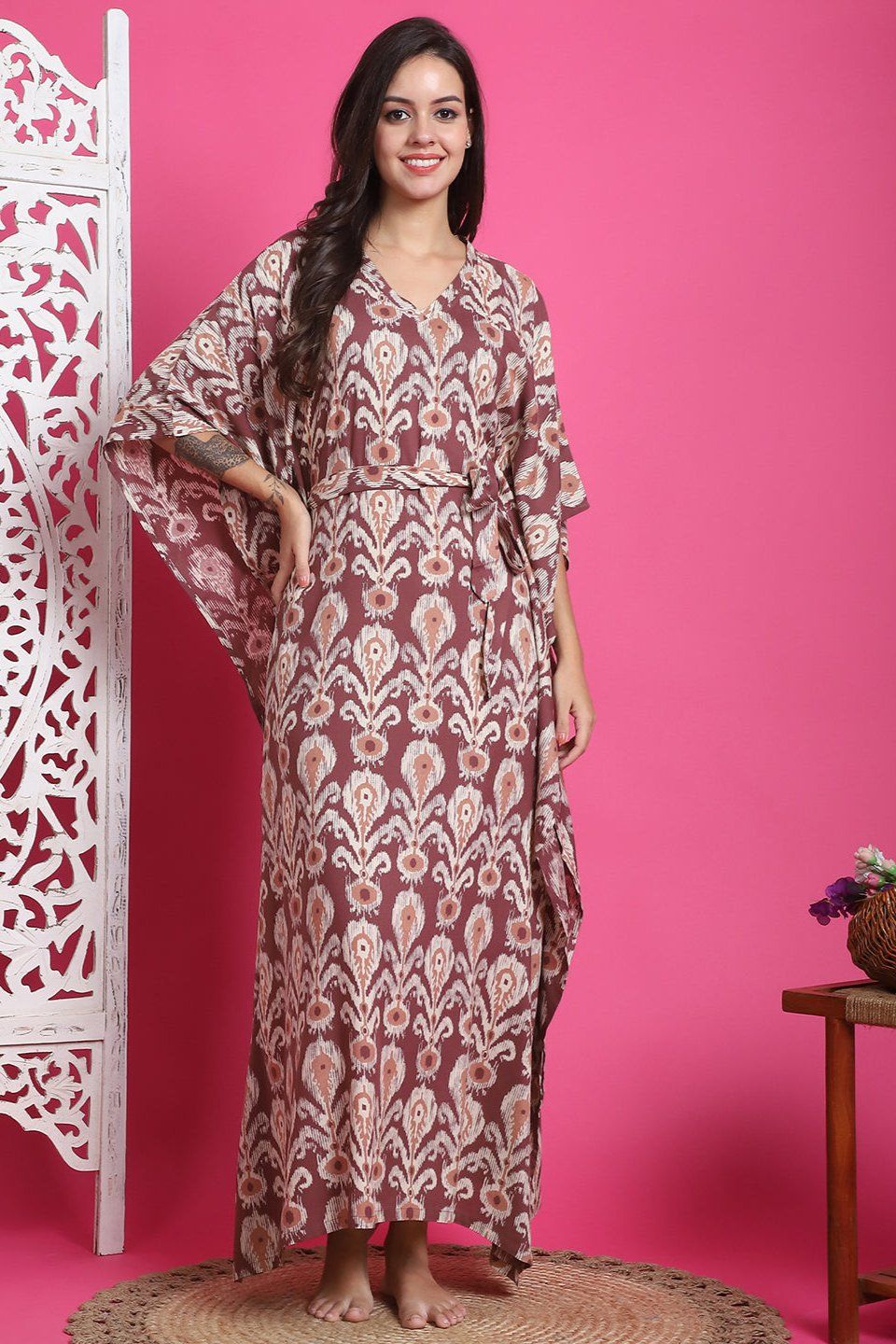 Mauve Color Abstract Printed Viscose Rayon Kaftan For Women-S