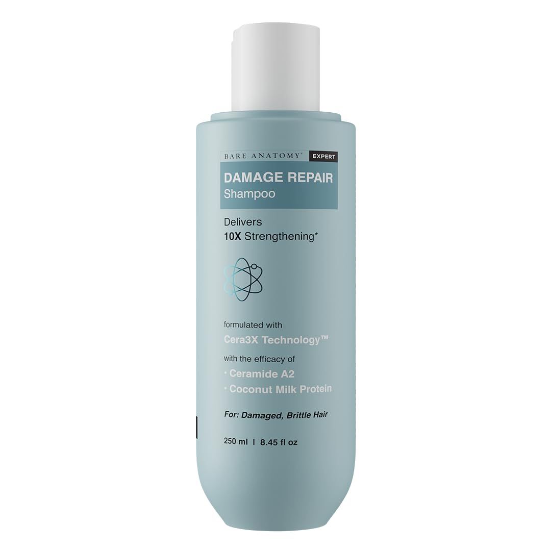 Bare Anatomy Damage Repair Hair Shampoo | Provides 10x Strengthening Powered By Ceramide A2 & Coconut Milk Protein | For Damaged, Dry & Frizzy Hair | Sulphate & Paraben Free | For Women & Men | 250ml Bare Anatomy Damage Repair Hair Shampoo | Provides 10x