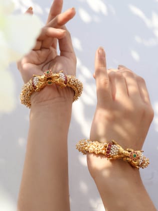 Nawra Temple Bangles - Pair of 2-Gold / 2.4