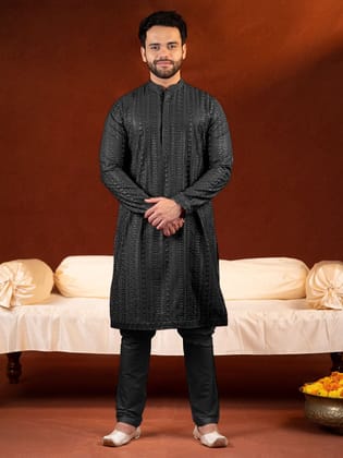 Black Sequin Embroidered Kurta Set-XS/36 / Kurta Churidaar Set