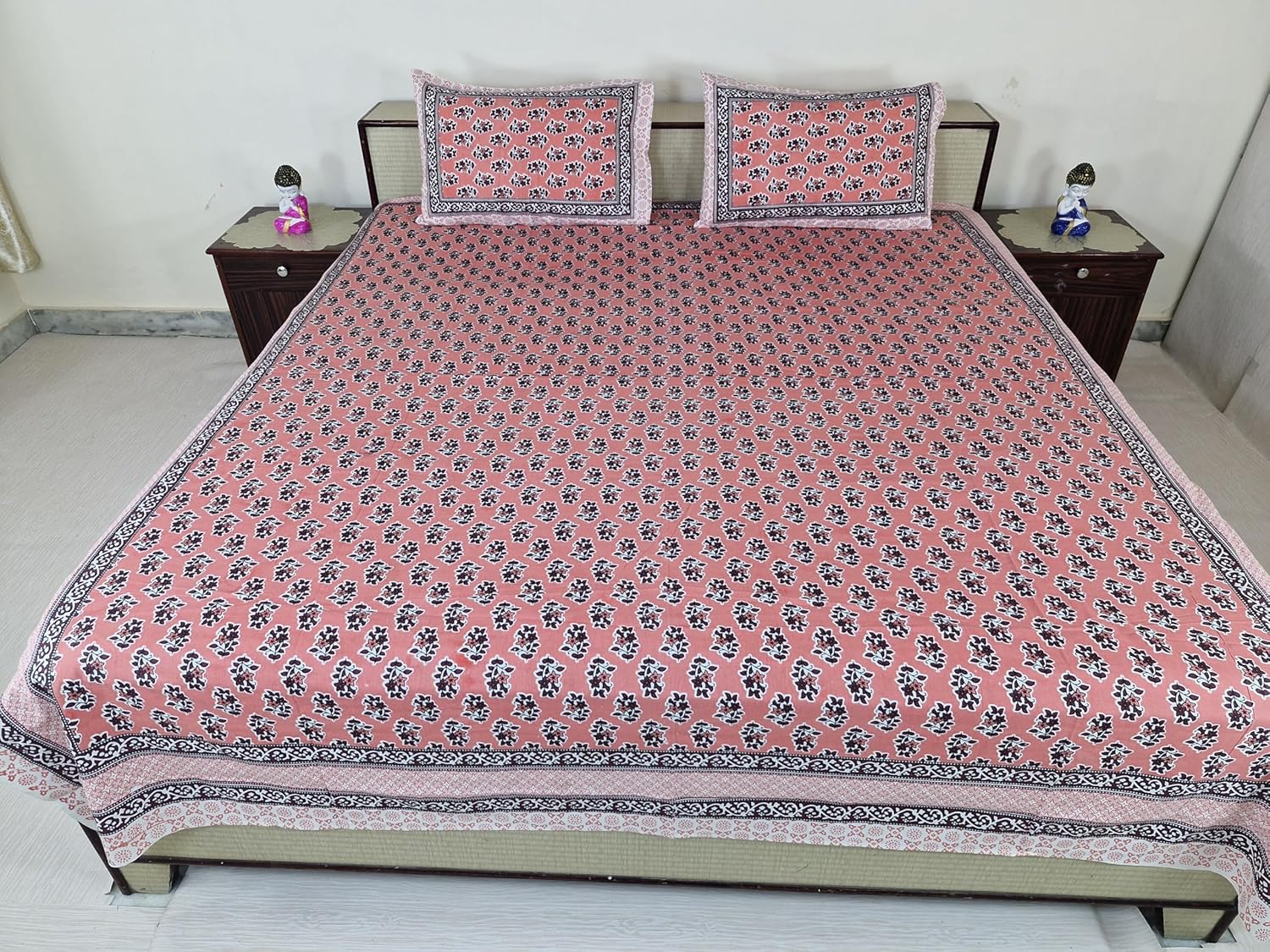 Bedsheet Set with Pillow Covers with Floral Print, Pink and Brown Color,Best for Single Bed and Deewan,Size 6.9 X 7.4 Feet