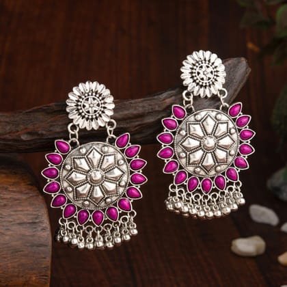 Oxidised Silver Plated Flower Shape Kundan Studded Antique Earring- AER 2182