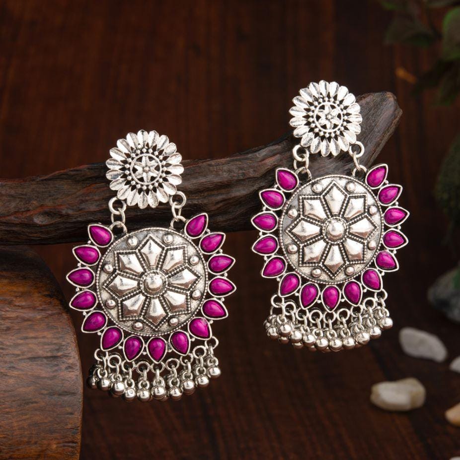 Oxidised Silver Plated Flower Shape Kundan Studded Antique Earring- AER 2182
