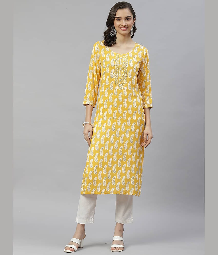 JC4U - Yellow Cotton Blend Women's Straight Kurti ( Pack of 1 )