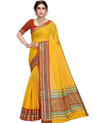 Generic Women's Kota Doria Cotton Bordered Saree With Blouse (Yellow, 5-6  Mtr)