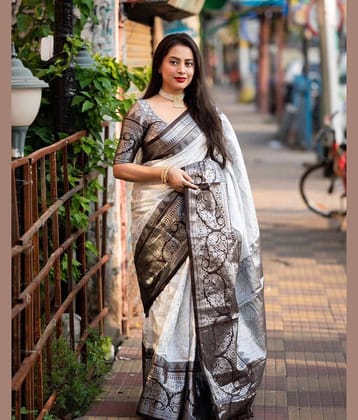 Sanwariya Silks Silk Blend Embellished Saree With Unstitched Blouse Piece ( White )