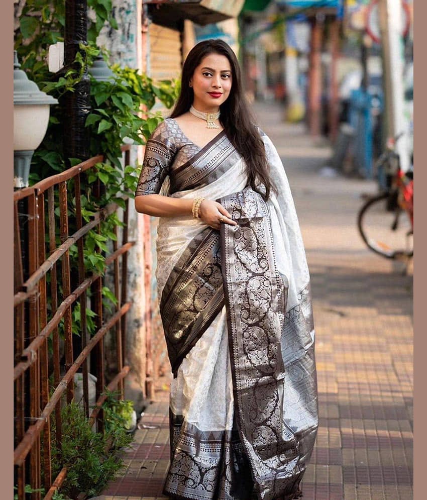 Sanwariya Silks Silk Blend Embellished Saree With Unstitched Blouse Piece ( White )