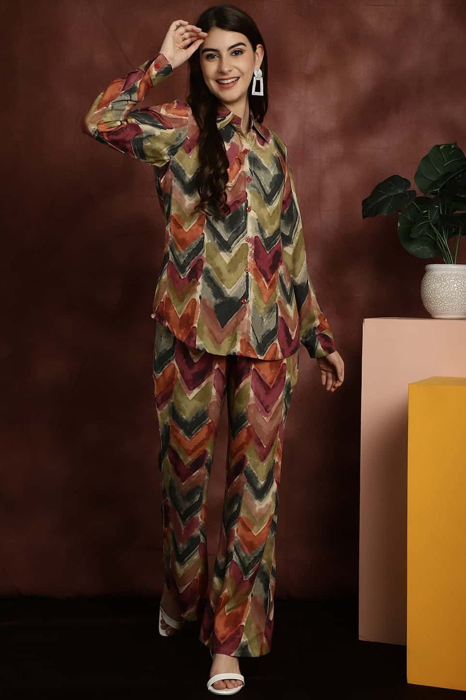 Green Abstract Printed Viscose Rayon Shirt With Trousers Co-ord Set-s