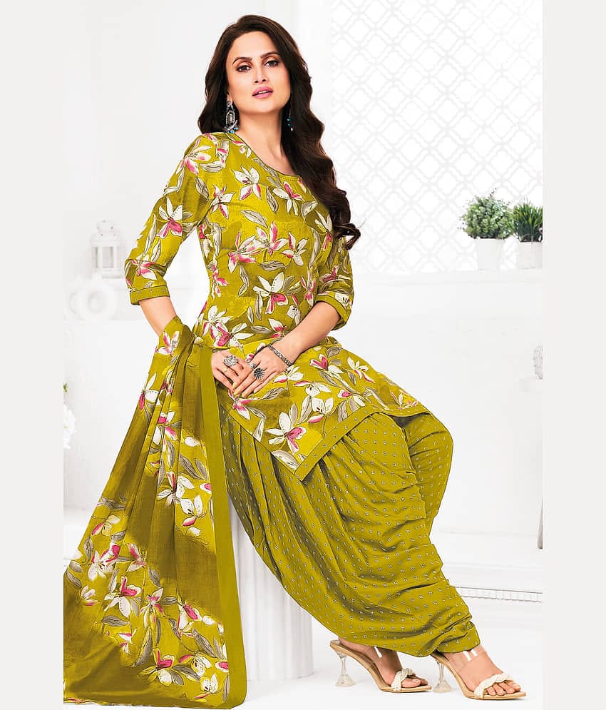 SIMMU Women Cotton Printed Straight Kurti With Patiala Salwar ( Yellow )