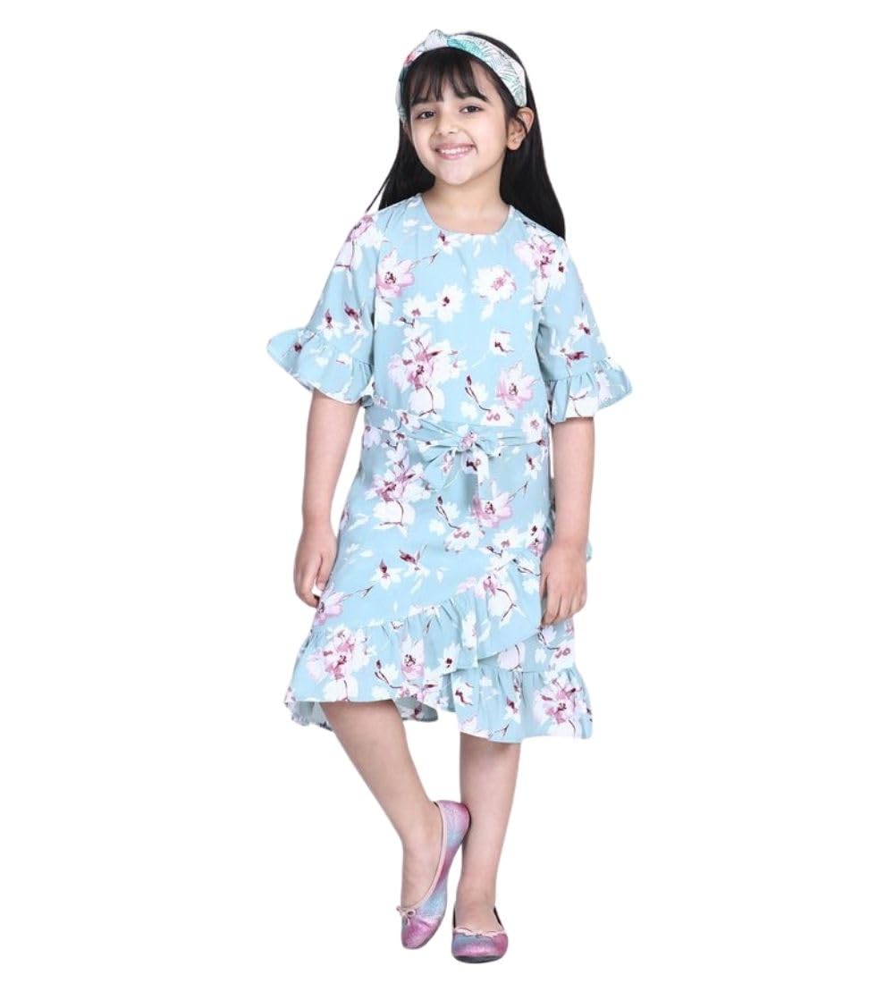 Girl's Polyester Crepe Floral Bell Sleeve Dress (Turquoise Blue, 5-6-Yrs)-PID66028