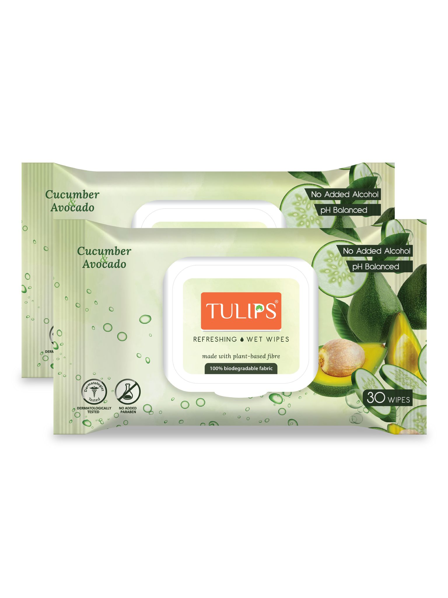 Tulips Refreshing Everyday Cleaning Wet Wipes made with PLANT based fibre, LID Pack (Cucumber & Avocado, Pack of 2) 30 wipes each