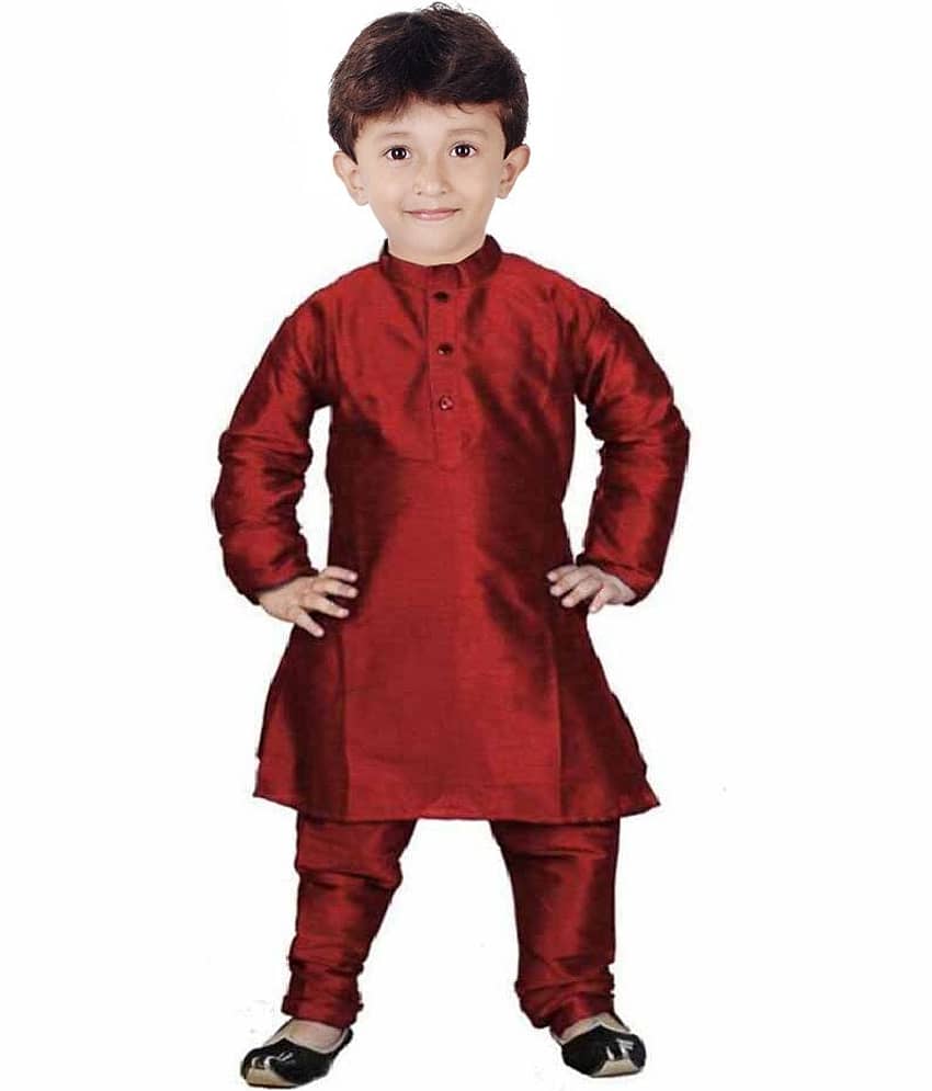hrr Boys Silk Solid - Pattern Kurta Pyjama Set ( Maroon , Pack of 1 )