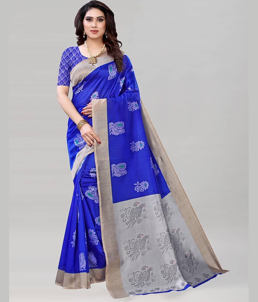 Samah Silk Printed Saree With Unstitched Blouse Piece ( Blue )