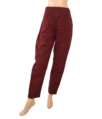 Slub Cotton Pants with Zip Opening & Pockets, Back Elasticated, Maroon, PN1040-XXL