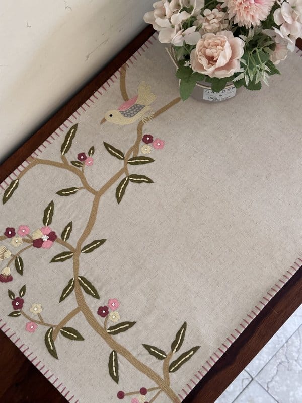 KRI India Bloom Perching Birds Table Placemats Set|Set of 6|12x17.5 inches placemat | Beige with multicoloured embroidery | Wash & Care | 100% Cotton | Handcrafted in India. 100% organic & natural.