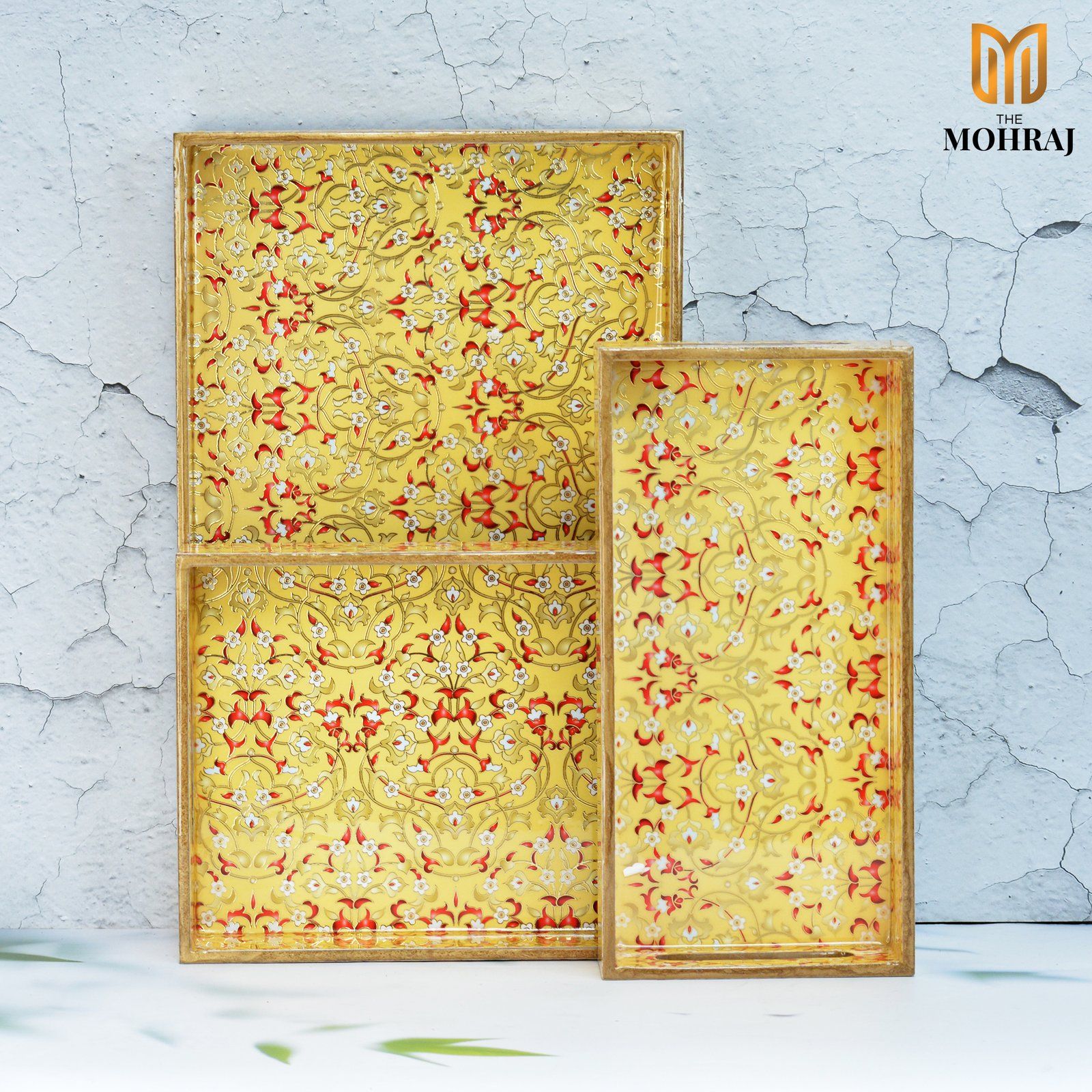 The Mohraj Bright Wooden Rectangular MDF Trays with Gold Foil Finish Set of 3  