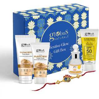 (Combo of 4) Globus Naturals Radiance Multani Mitti Rakhi Gift Box - Multani Mitti Face Wash 75G, Multani Mitti Face Pack 50G, Sunscreen 50 Gm Vitamin C Face Serum 30 Ml
