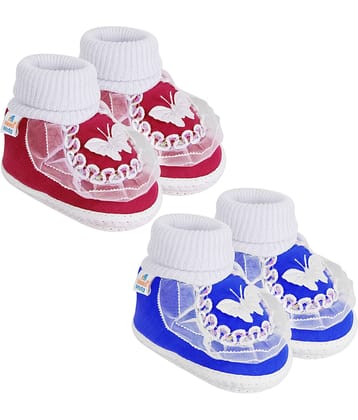 Neska Moda Set of 2 Pair Baby Boys & Baby Girls Butterfly Frill Cotton Booties For 12 to 24 Months (Maroon,Blue)