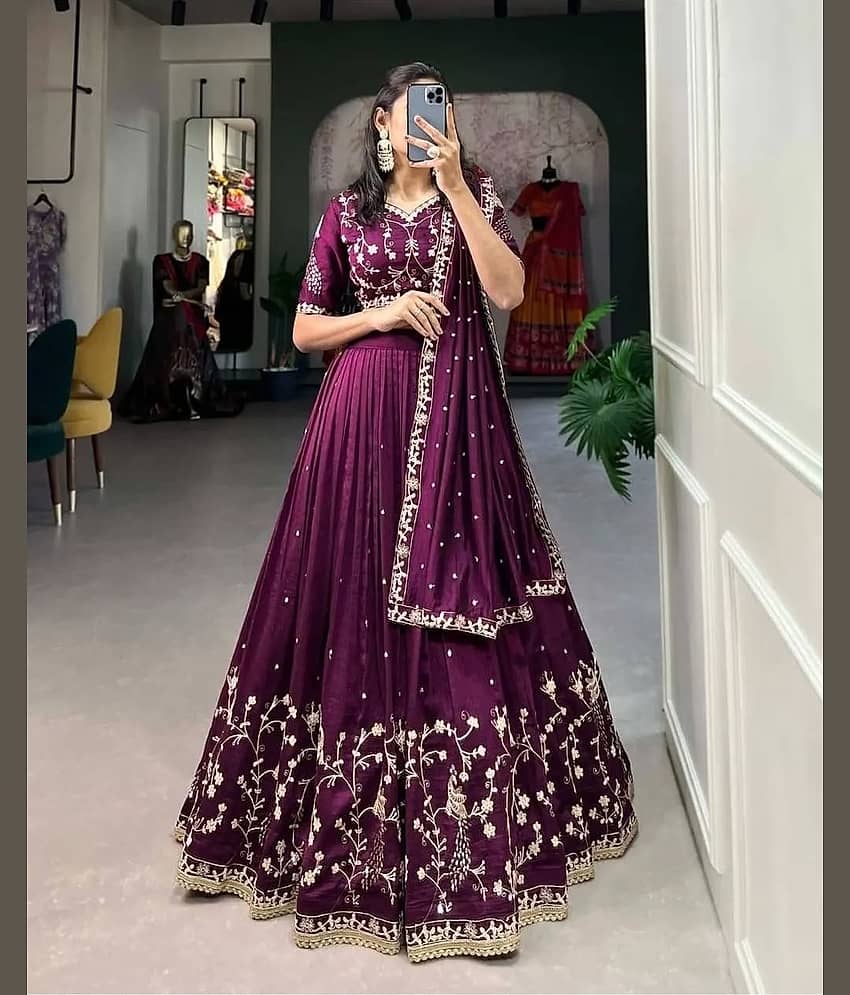 Apnisha Purple Silk Chaniya Choli Semi Stitched Lehenga Single