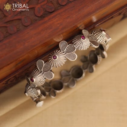 Vintage trendy style 925 sterling silver tribal cultural bangle bracelet kada with red stone work wedding jewelry nba384-Single Bangle
