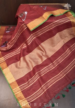 Musical instruments embroidery motifs on pure  Linen by Linen Saree in Terracotta Red