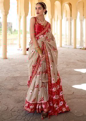 Khaki Beige & Red Printed Patola Silk Saree