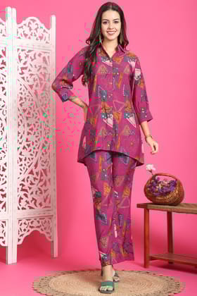 Magenta Color Abstract Printed Chanderi Premium Co-ord set-S
