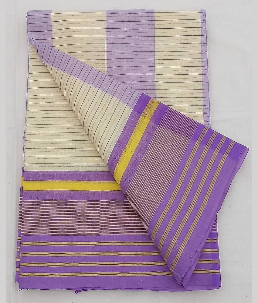 RAJ SAREE HOUSE Cotton Striped Tant Saree Without Blouse Piece ( Purple )