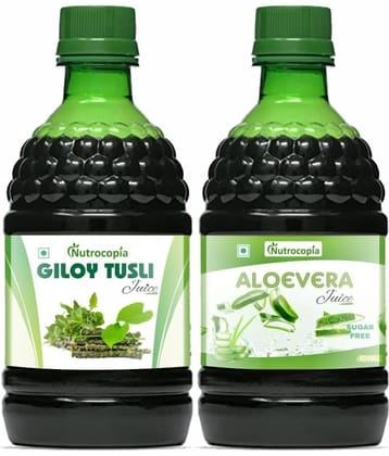 NUTROCOPIA Giloy Tulsi Juice & Aloe vera Juice Maintain Sugar Level Pack of 2 of 400 ML(800 ML)