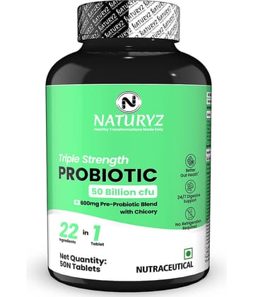 NATURYZ Triple Strength Probiotic 50 Bn CFU & 600mg Prebiotics for Gut health - 50 Tablets