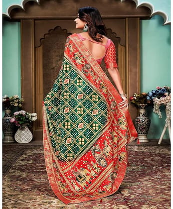 Women's Soft Silk Printed Saree with Unstitched Blouse (Green, 5-6 Mtrs)