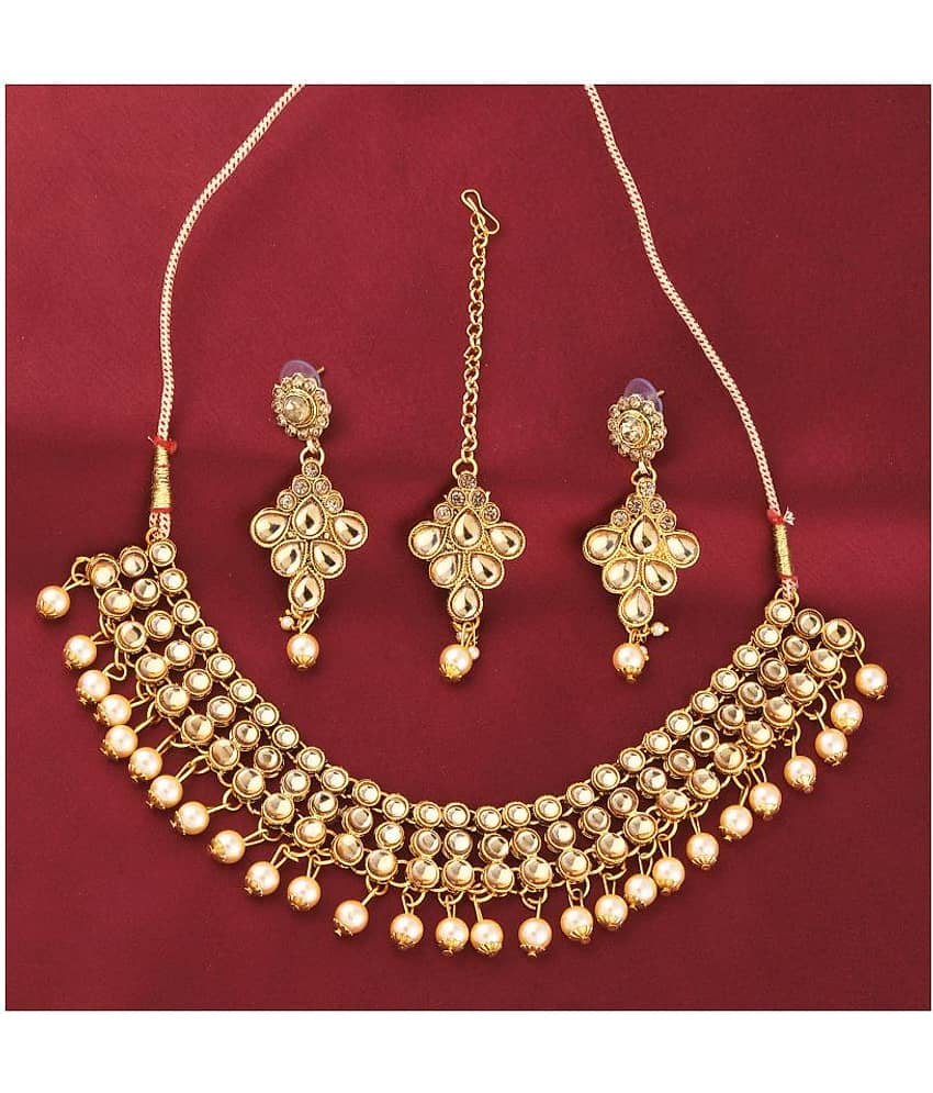 Silver Shine Alloy Golden Choker Traditional Gold Plated Necklaces Set