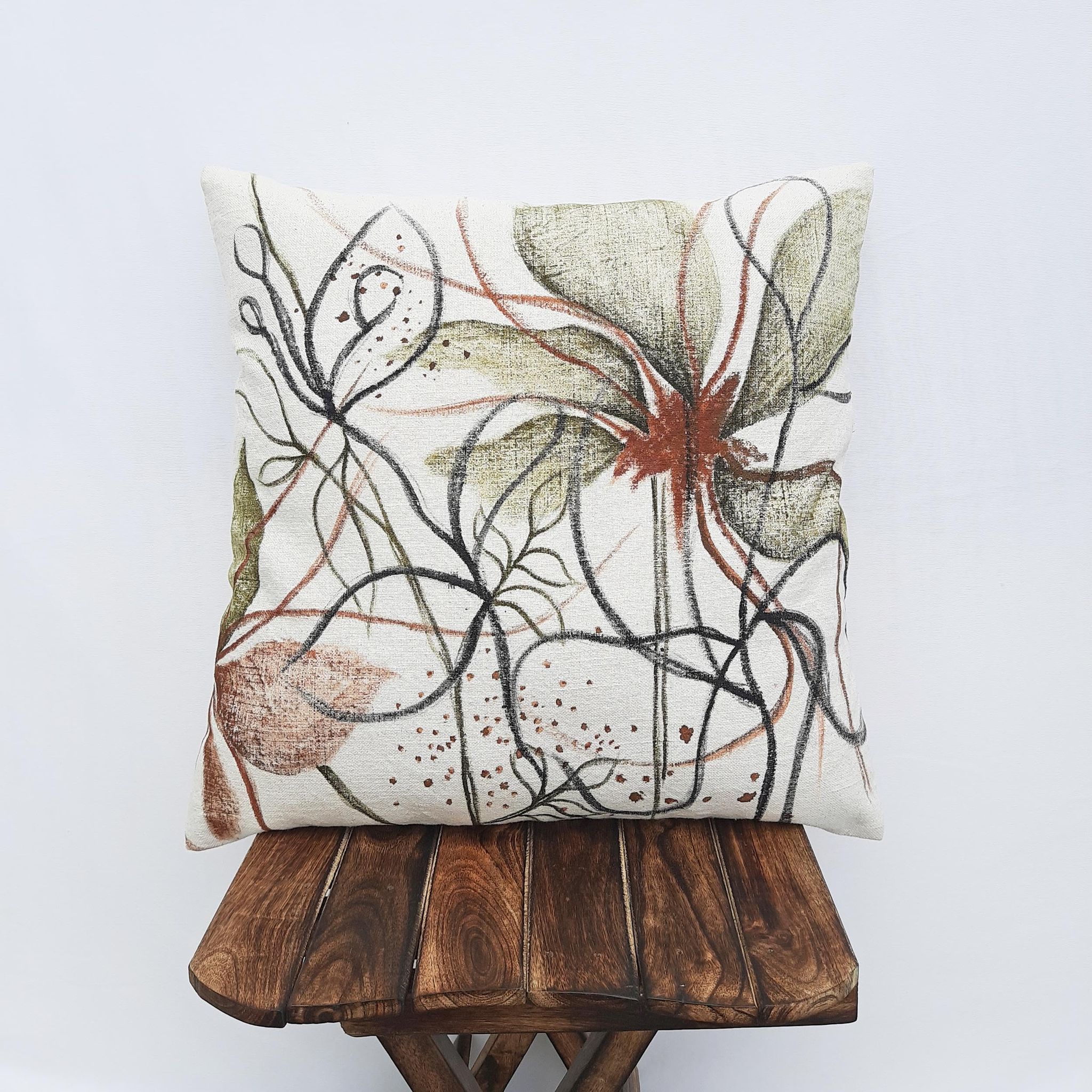 Indihomecraft Handicraft Cotton Cushion Cover | Hand Painted Embroidery | Decorative Art Boho Pillow | Handmade Painted Pillow Cover | Square Shape 18X18 Inches Cushion Cover (Set of 1)