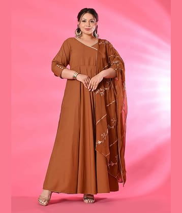 PrettyPlus by Desinoor.com Women Viscose Rayon Solid Anarkali Kurti with Dupatta ( Mustard )