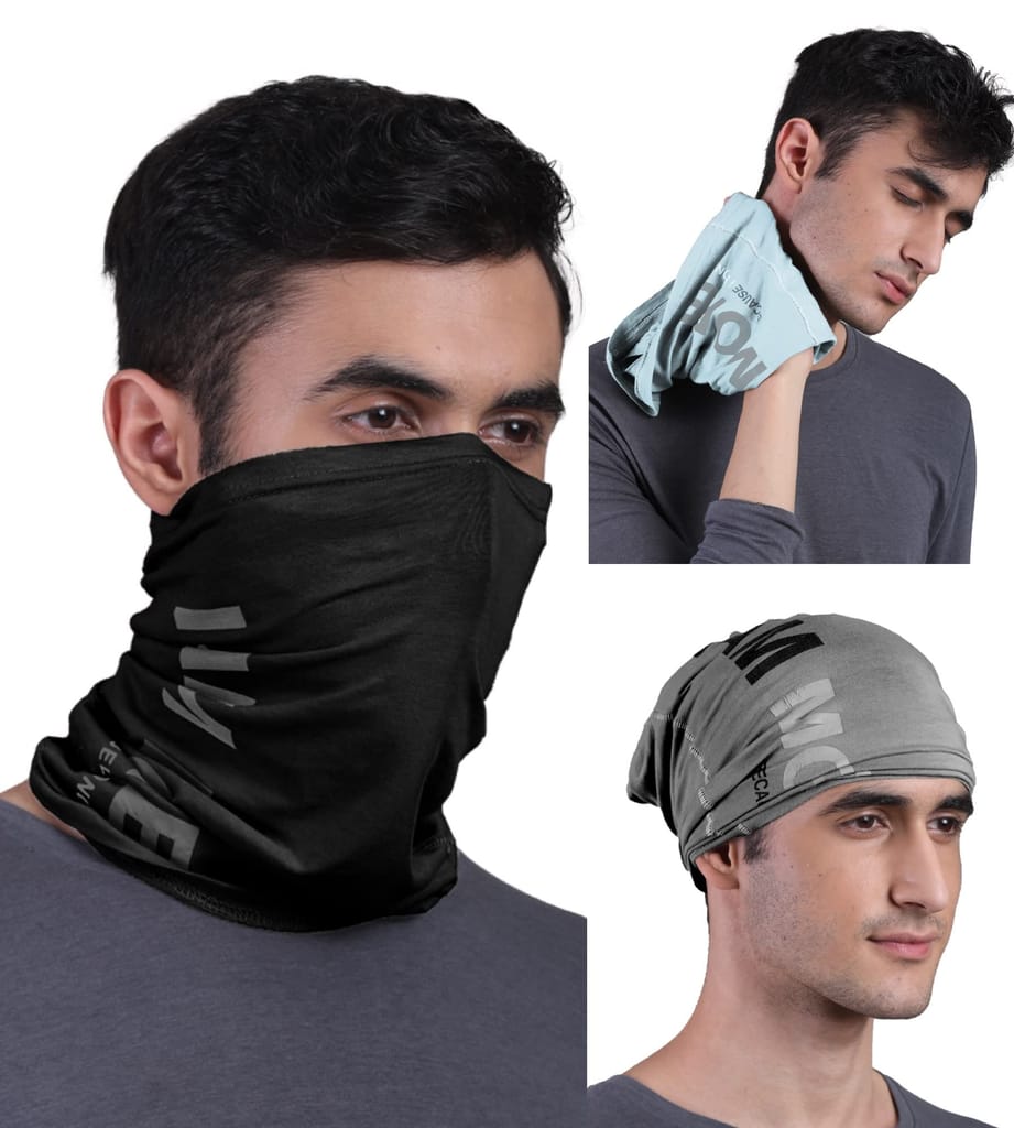 FREECULTR Unisex Bamboo Bandana, Anti Microbial Super Soft & Comfort Fit, Breathable Multipurpose Headband, Face Mask for Dust Protection and Sun - Printed Pack of 3-Black,Chalk Blue,Charcoal