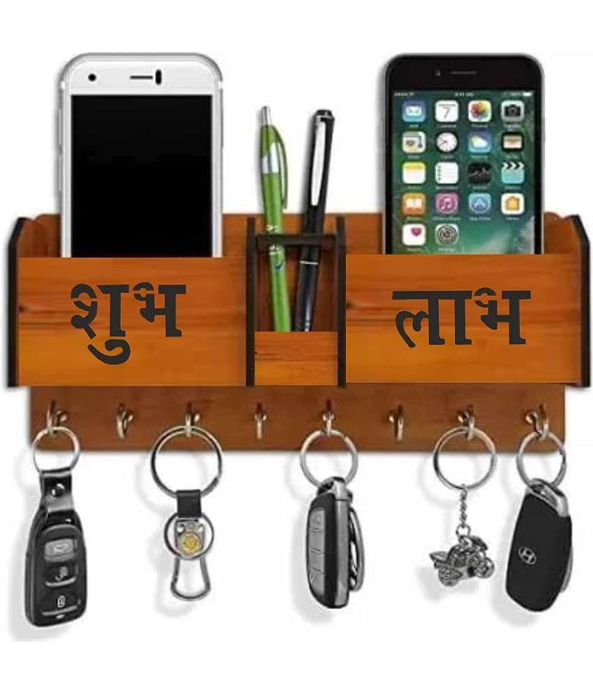 Big Boss Enterprises with Shubh Labh 2 Pocket Mobile Holder, Pen Stand Wood Key Holder Stand (8 Hooks, Brown)